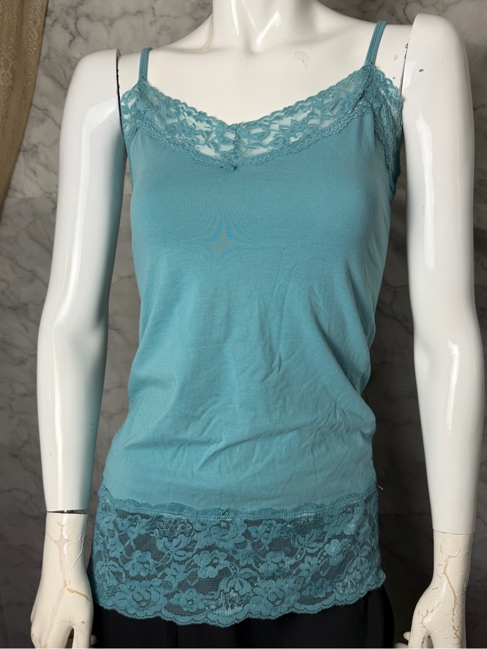 Dusty Teal Muted Aqua Blue Y2K Style Floral Lace Longline Camisole Top Medium